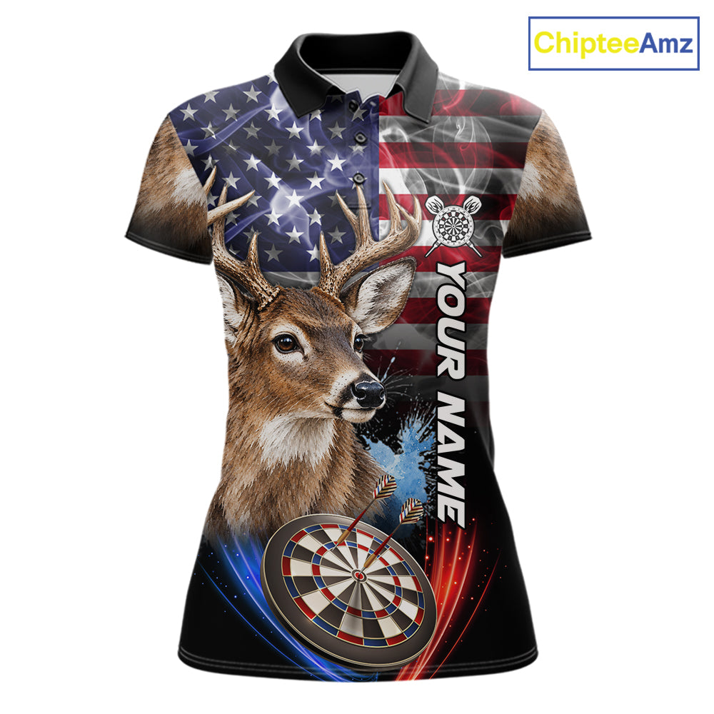 Smoke American Flag Deer Darts Polo, 1/4 Zip Shirts For Women Custom Patriotic Darts Team Jersey TDM7606