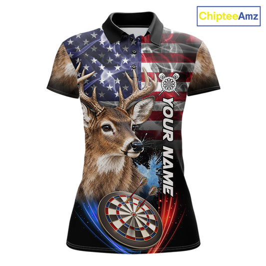 Smoke American Flag Deer Darts Polo, 1/4 Zip Shirts For Women Custom Patriotic Darts Team Jersey TDM7606