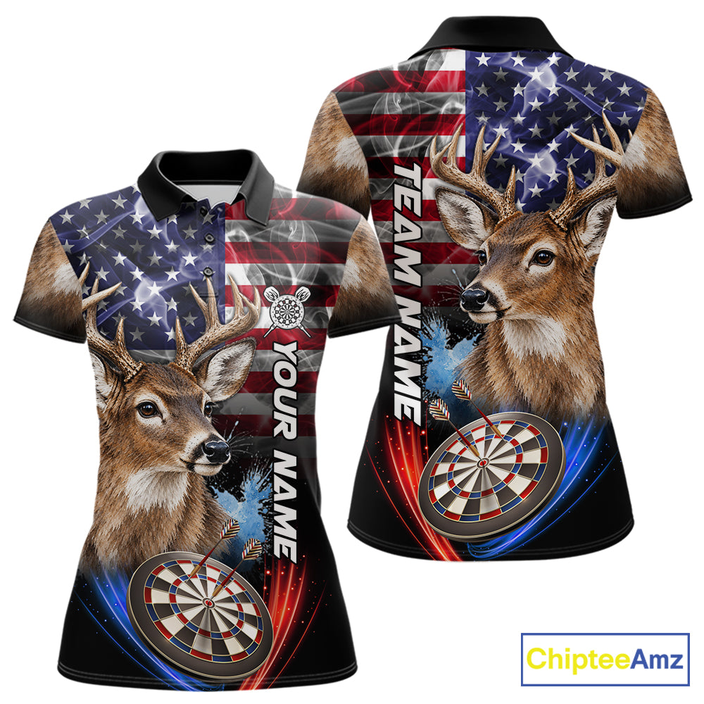 Smoke American Flag Deer Darts Polo, 1/4 Zip Shirts For Women Custom Patriotic Darts Team Jersey TDM7606