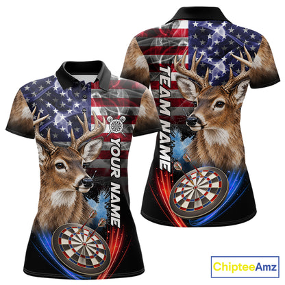 Smoke American Flag Deer Darts Polo, 1/4 Zip Shirts For Women Custom Patriotic Darts Team Jersey TDM7606