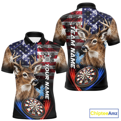 Smoke American Flag Deer Darts Polo, 1/4 Zip Shirts For Men Custom Patriotic Darts Team Jersey TDM7606