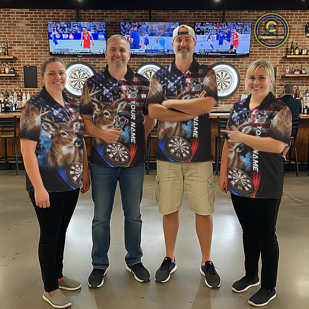 Smoke American Flag Deer Darts Polo, 1/4 Zip Shirts For Women Custom Patriotic Darts Team Jersey TDM7606