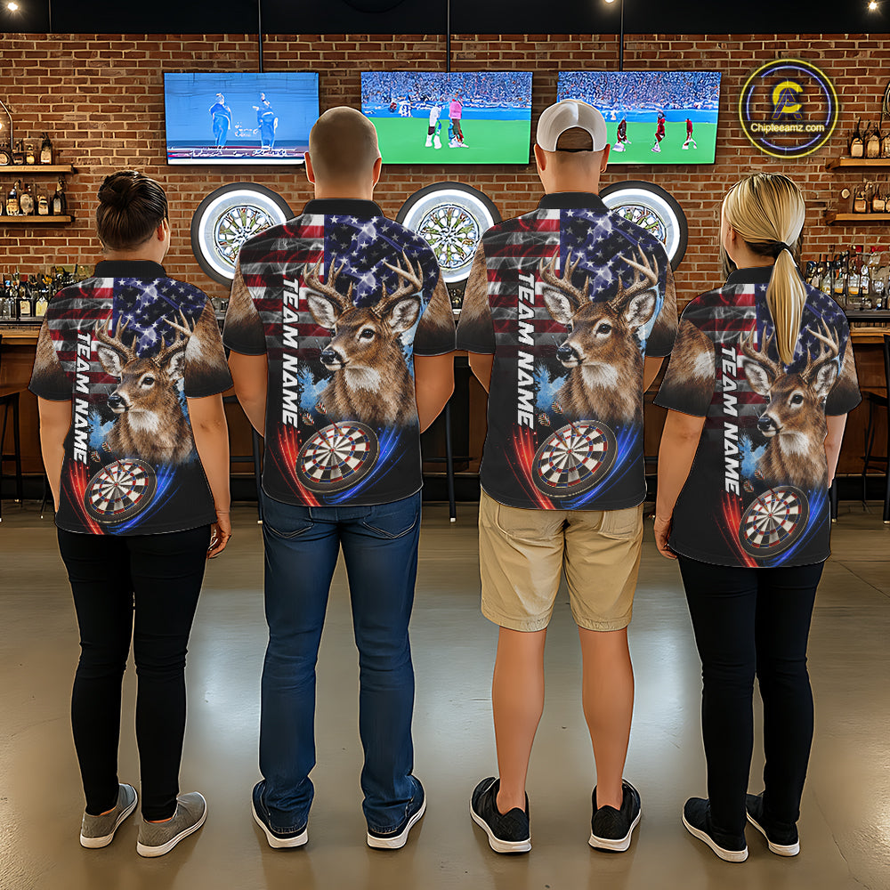 Smoke American Flag Deer Darts Polo, 1/4 Zip Shirts For Women Custom Patriotic Darts Team Jersey TDM7606