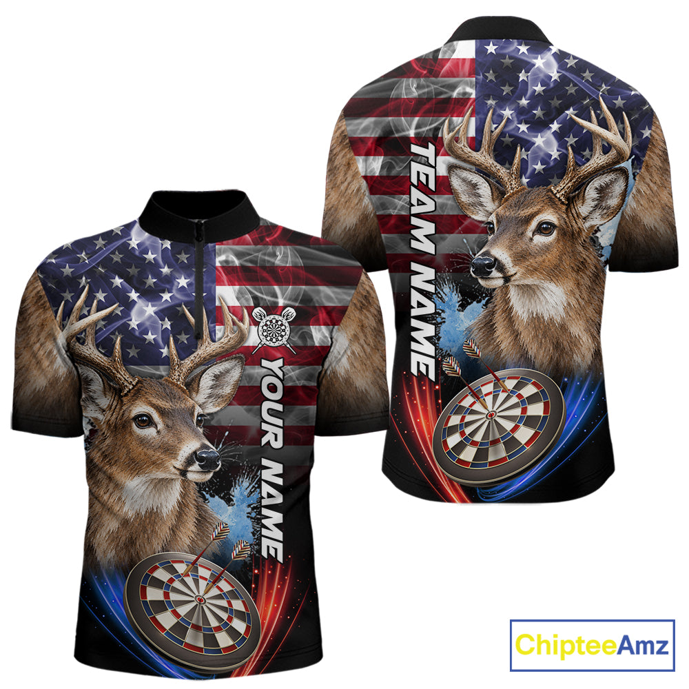 Smoke American Flag Deer Darts Polo, 1/4 Zip Shirts For Men Custom Patriotic Darts Team Jersey TDM7606