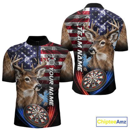 Smoke American Flag Deer Darts Polo, 1/4 Zip Shirts For Men Custom Patriotic Darts Team Jersey TDM7606