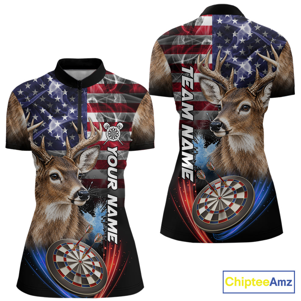 Smoke American Flag Deer Darts Polo, 1/4 Zip Shirts For Women Custom Patriotic Darts Team Jersey TDM7606