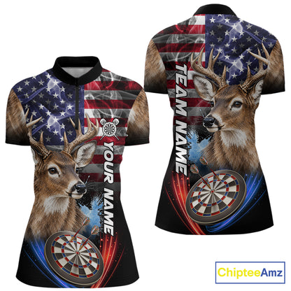 Smoke American Flag Deer Darts Polo, 1/4 Zip Shirts For Women Custom Patriotic Darts Team Jersey TDM7606