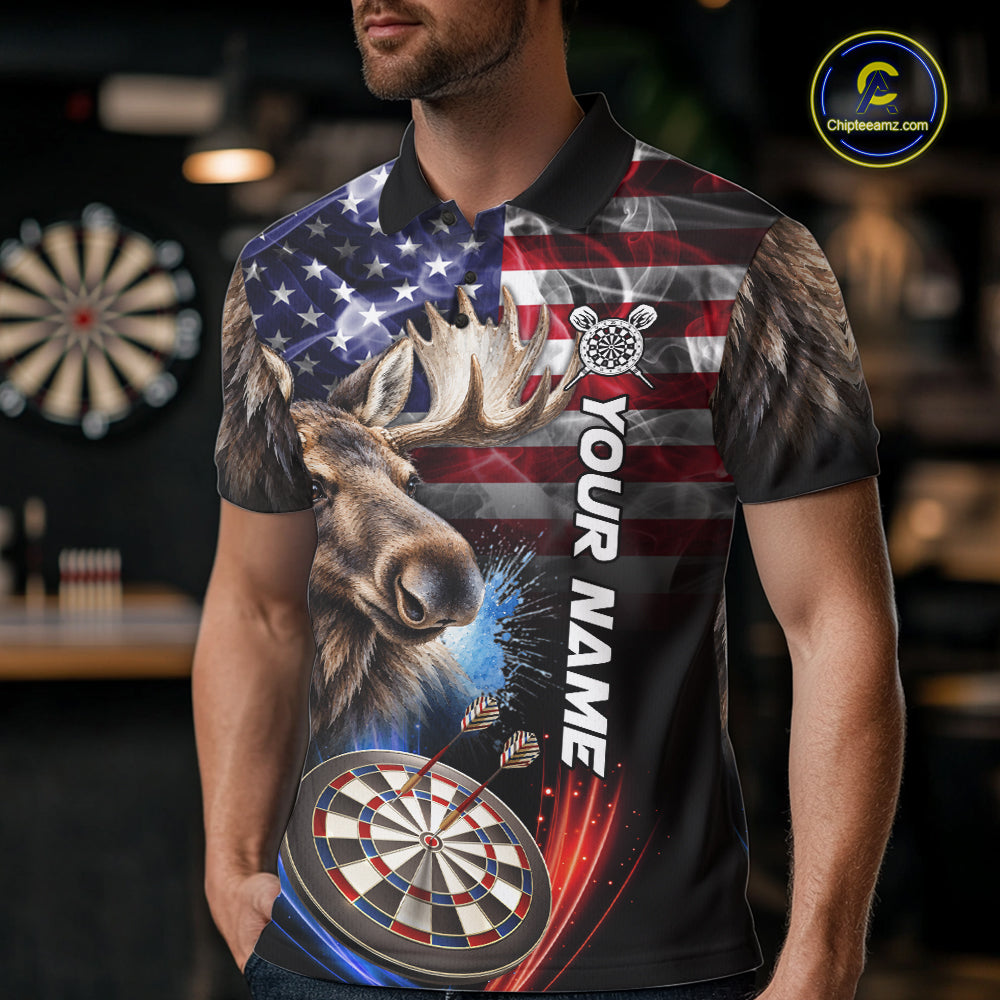 Smoke American Flag Moose Darts Polo, 1/4 Zip Shirts For Men Custom Patriotic Darts Team Jersey TDM7607