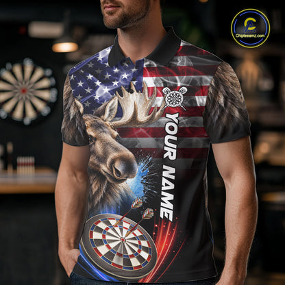 Smoke American Flag Moose Darts Polo, 1/4 Zip Shirts For Men Custom Patriotic Darts Team Jersey TDM7607