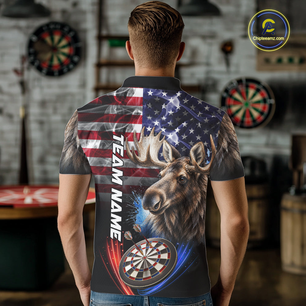Smoke American Flag Moose Darts Polo, 1/4 Zip Shirts For Men Custom Patriotic Darts Team Jersey TDM7607
