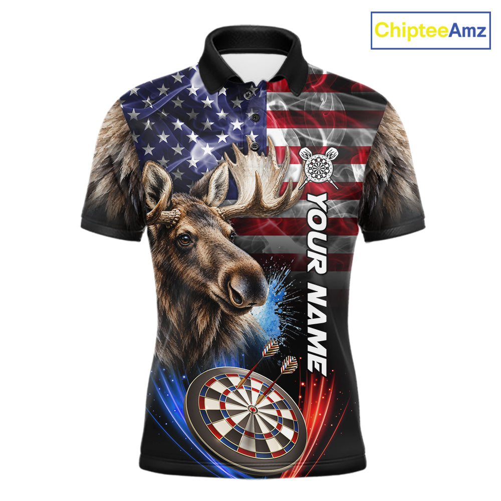 Smoke American Flag Moose Darts Polo, 1/4 Zip Shirts For Men Custom Patriotic Darts Team Jersey TDM7607
