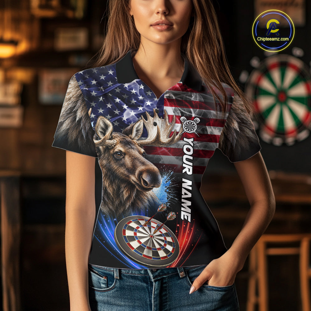 Smoke American Flag Moose Darts Polo, 1/4 Zip Shirts For Women Custom Patriotic Darts Team Jersey TDM7607