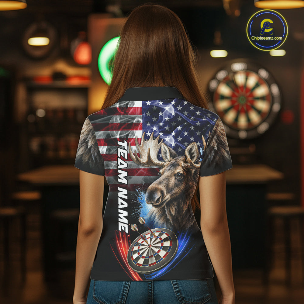 Smoke American Flag Moose Darts Polo, 1/4 Zip Shirts For Women Custom Patriotic Darts Team Jersey TDM7607