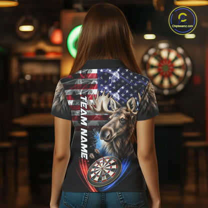 Smoke American Flag Moose Darts Polo, 1/4 Zip Shirts For Women Custom Patriotic Darts Team Jersey TDM7607
