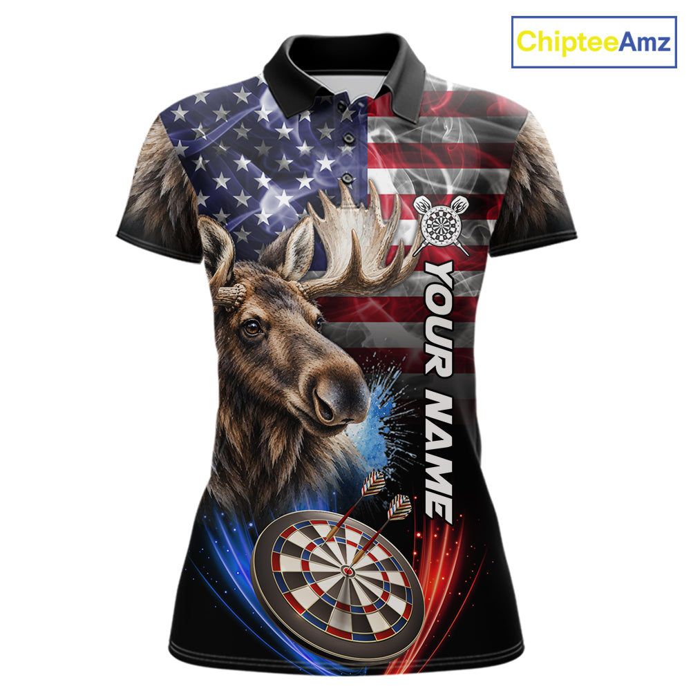 Smoke American Flag Moose Darts Polo, 1/4 Zip Shirts For Women Custom Patriotic Darts Team Jersey TDM7607