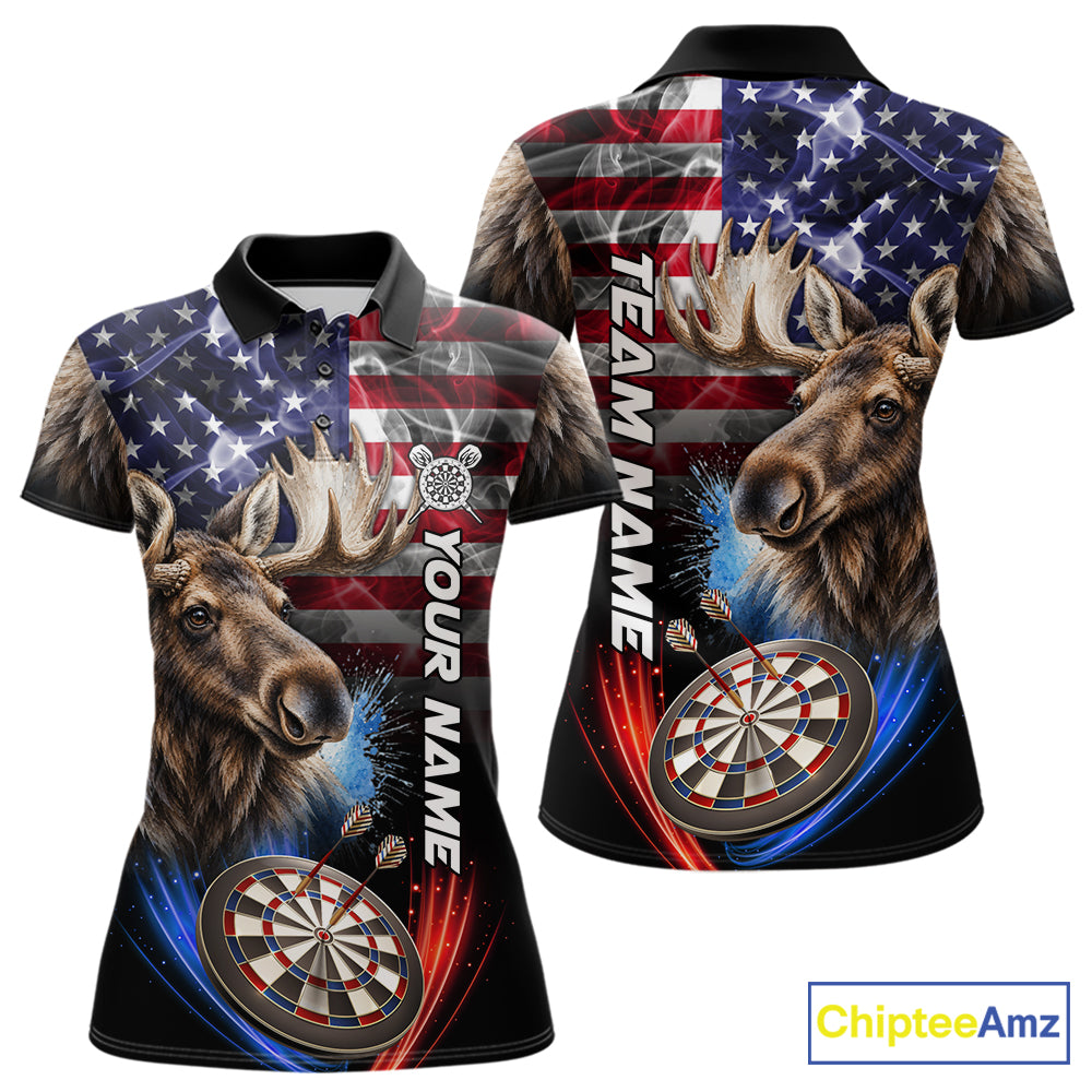 Smoke American Flag Moose Darts Polo, 1/4 Zip Shirts For Women Custom Patriotic Darts Team Jersey TDM7607
