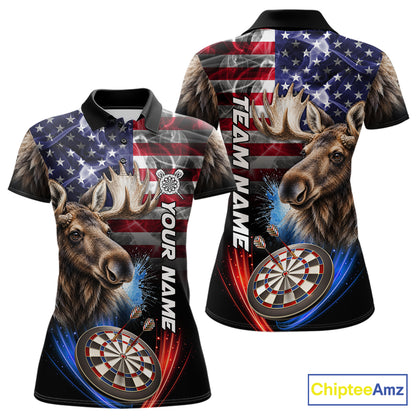 Smoke American Flag Moose Darts Polo, 1/4 Zip Shirts For Women Custom Patriotic Darts Team Jersey TDM7607