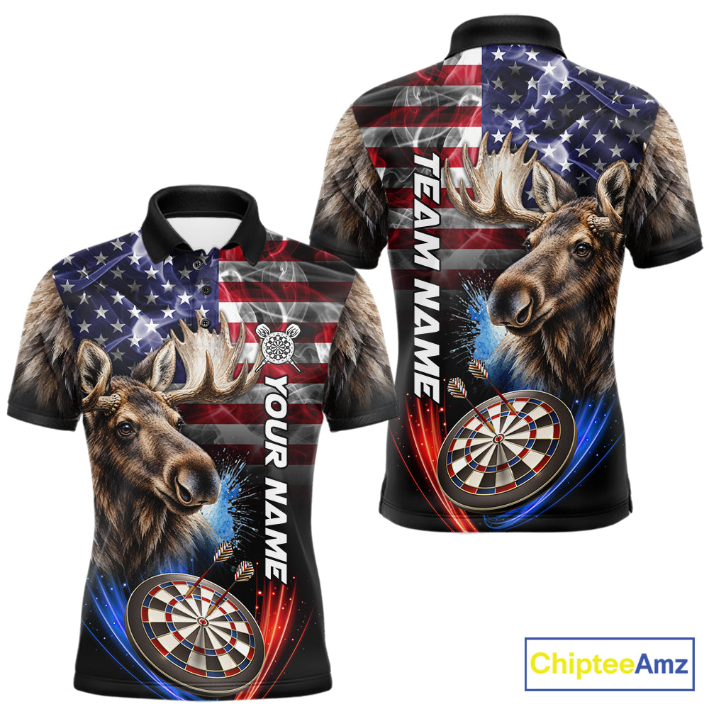 Smoke American Flag Moose Darts Polo, 1/4 Zip Shirts For Men Custom Patriotic Darts Team Jersey TDM7607