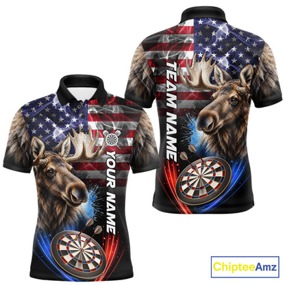 Smoke American Flag Moose Darts Polo, 1/4 Zip Shirts For Men Custom Patriotic Darts Team Jersey TDM7607
