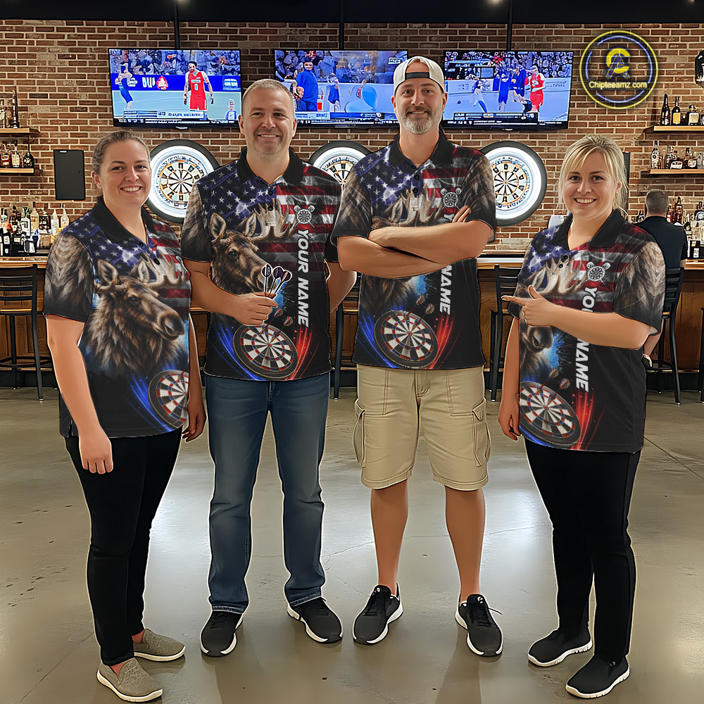Smoke American Flag Moose Darts Polo, 1/4 Zip Shirts For Women Custom Patriotic Darts Team Jersey TDM7607