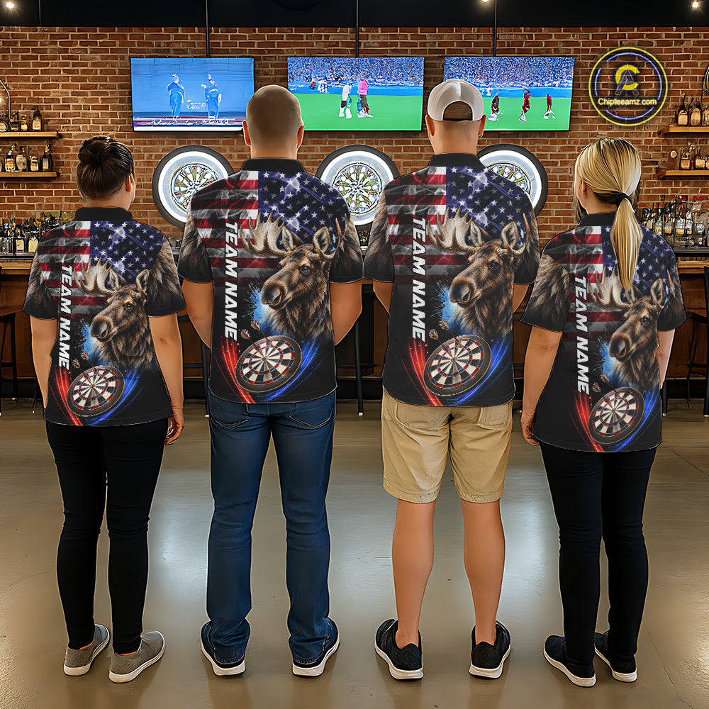 Smoke American Flag Moose Darts Polo, 1/4 Zip Shirts For Women Custom Patriotic Darts Team Jersey TDM7607
