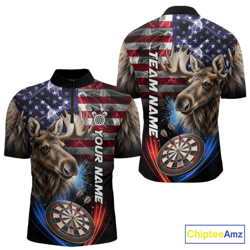 Smoke American Flag Moose Darts Polo, 1/4 Zip Shirts For Men Custom Patriotic Darts Team Jersey TDM7607