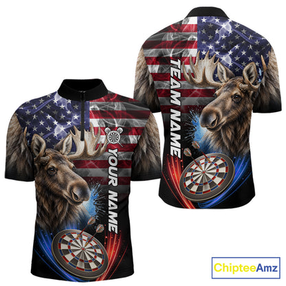 Smoke American Flag Moose Darts Polo, 1/4 Zip Shirts For Men Custom Patriotic Darts Team Jersey TDM7607