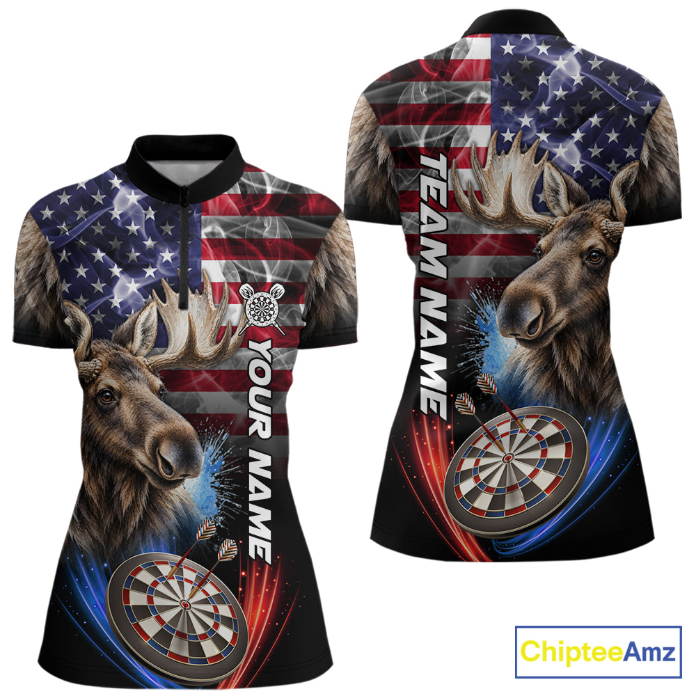 Smoke American Flag Moose Darts Polo, 1/4 Zip Shirts For Women Custom Patriotic Darts Team Jersey TDM7607