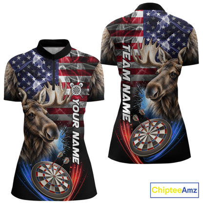 Smoke American Flag Moose Darts Polo, 1/4 Zip Shirts For Women Custom Patriotic Darts Team Jersey TDM7607