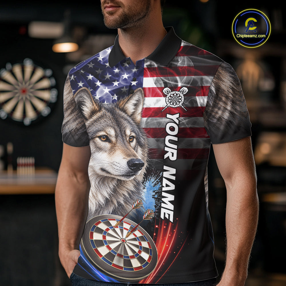 Smoke American Flag Wolf Darts Polo, 1/4 Zip Shirts For Men Custom Patriotic Darts Team Jersey TDM7608