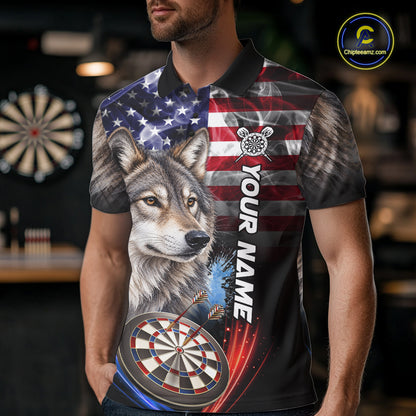 Smoke American Flag Wolf Darts Polo, 1/4 Zip Shirts For Men Custom Patriotic Darts Team Jersey TDM7608