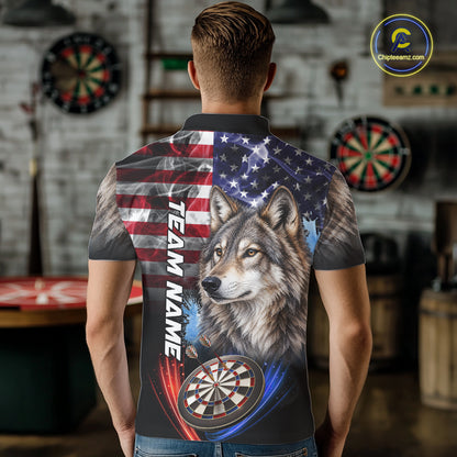 Smoke American Flag Wolf Darts Polo, 1/4 Zip Shirts For Men Custom Patriotic Darts Team Jersey TDM7608