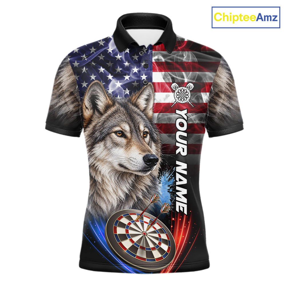 Smoke American Flag Wolf Darts Polo, 1/4 Zip Shirts For Men Custom Patriotic Darts Team Jersey TDM7608