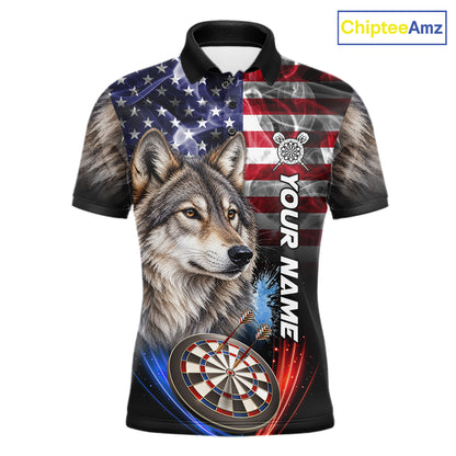 Smoke American Flag Wolf Darts Polo, 1/4 Zip Shirts For Men Custom Patriotic Darts Team Jersey TDM7608