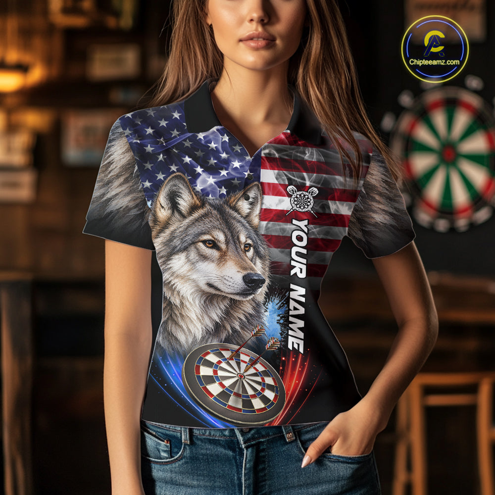 Smoke American Flag Wolf Darts Polo, 1/4 Zip Shirts For Women Custom Patriotic Darts Team Jersey TDM7608