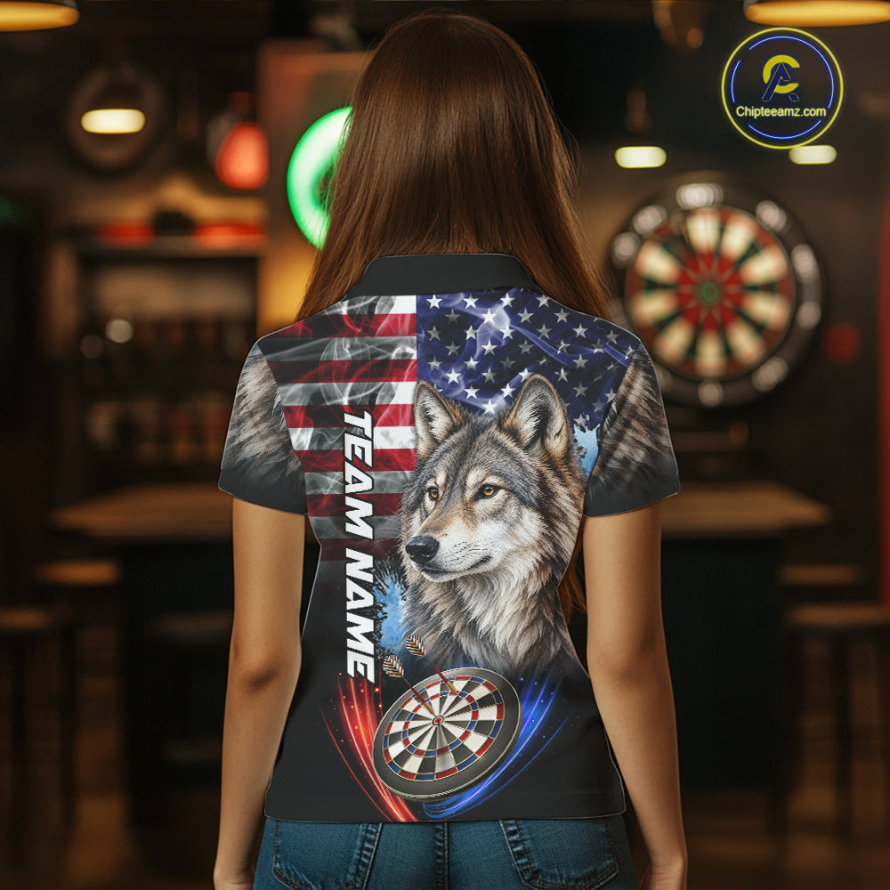 Smoke American Flag Wolf Darts Polo, 1/4 Zip Shirts For Women Custom Patriotic Darts Team Jersey TDM7608