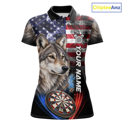 Smoke American Flag Wolf Darts Polo, 1/4 Zip Shirts For Women Custom Patriotic Darts Team Jersey TDM7608