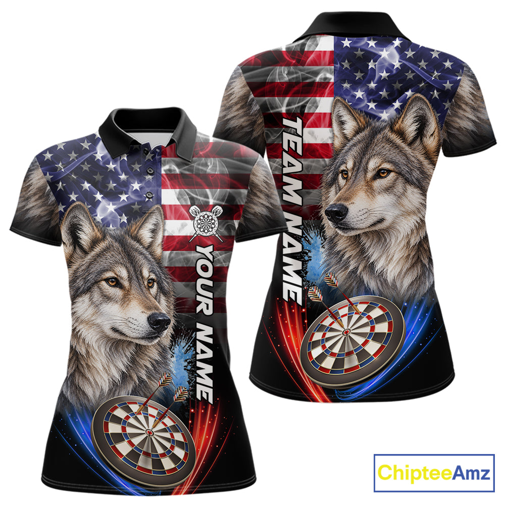 Smoke American Flag Wolf Darts Polo, 1/4 Zip Shirts For Women Custom Patriotic Darts Team Jersey TDM7608
