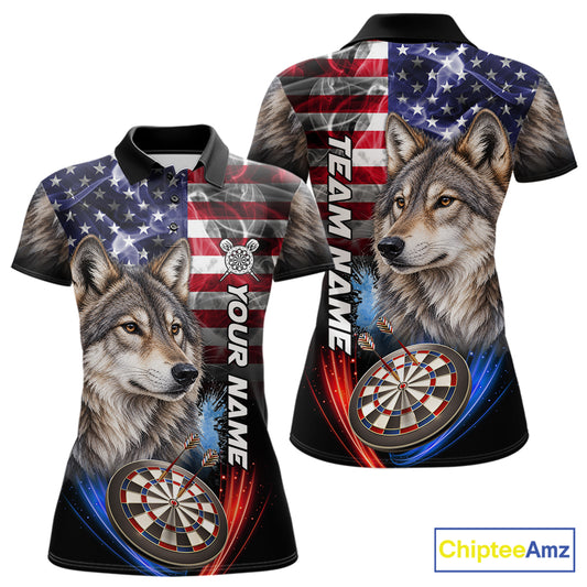 Smoke American Flag Wolf Darts Polo, 1/4 Zip Shirts For Women Custom Patriotic Darts Team Jersey TDM7608