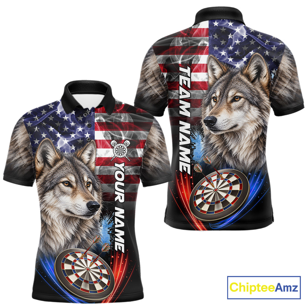Smoke American Flag Wolf Darts Polo, 1/4 Zip Shirts For Men Custom Patriotic Darts Team Jersey TDM7608