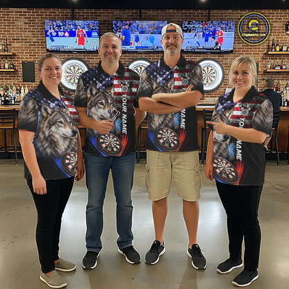 Smoke American Flag Wolf Darts Polo, 1/4 Zip Shirts For Women Custom Patriotic Darts Team Jersey TDM7608