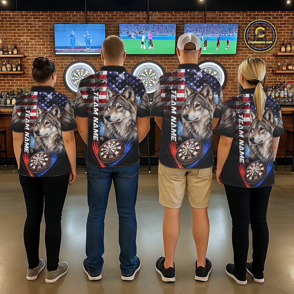 Smoke American Flag Wolf Darts Polo, 1/4 Zip Shirts For Women Custom Patriotic Darts Team Jersey TDM7608