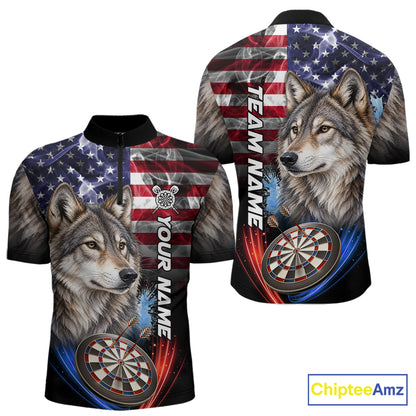Smoke American Flag Wolf Darts Polo, 1/4 Zip Shirts For Men Custom Patriotic Darts Team Jersey TDM7608
