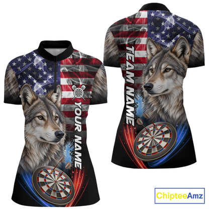 Smoke American Flag Wolf Darts Polo, 1/4 Zip Shirts For Women Custom Patriotic Darts Team Jersey TDM7608