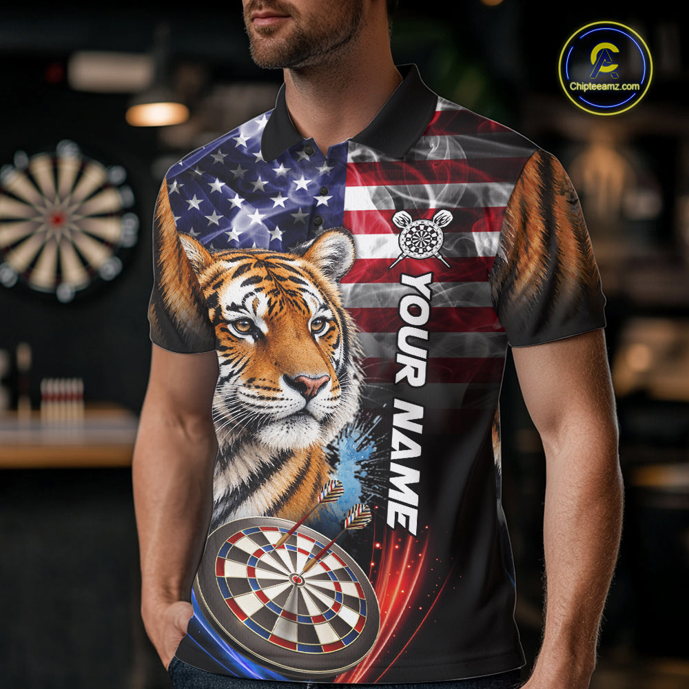 Smoke American Flag Tiger Darts Polo, 1/4 Zip Shirts For Men Custom Patriotic Darts Team Jersey TDM7609