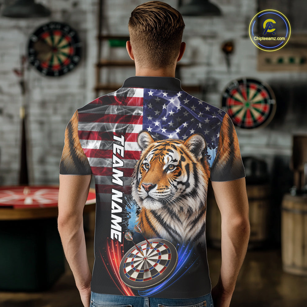 Smoke American Flag Tiger Darts Polo, 1/4 Zip Shirts For Men Custom Patriotic Darts Team Jersey TDM7609