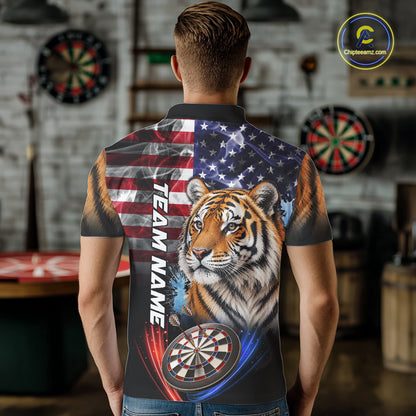 Smoke American Flag Tiger Darts Polo, 1/4 Zip Shirts For Men Custom Patriotic Darts Team Jersey TDM7609