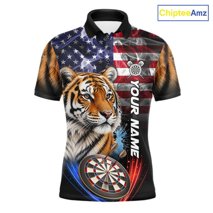 Smoke American Flag Tiger Darts Polo, 1/4 Zip Shirts For Men Custom Patriotic Darts Team Jersey TDM7609
