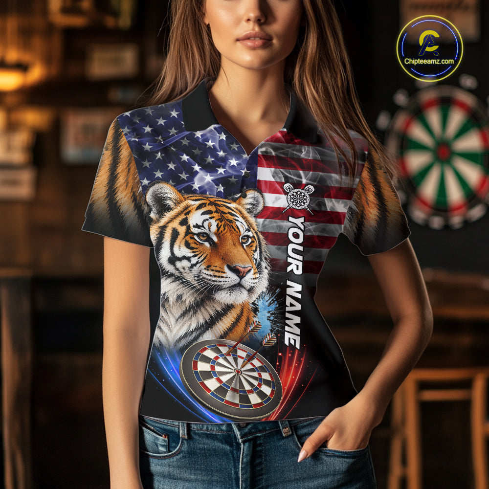 Smoke American Flag Tiger Darts Polo, 1/4 Zip Shirts For Women Custom Patriotic Darts Team Jersey TDM7609