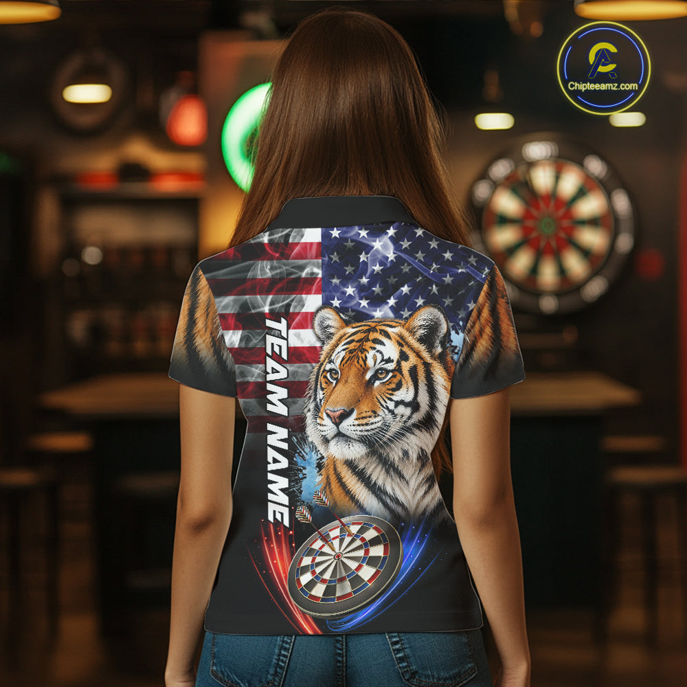 Smoke American Flag Tiger Darts Polo, 1/4 Zip Shirts For Women Custom Patriotic Darts Team Jersey TDM7609